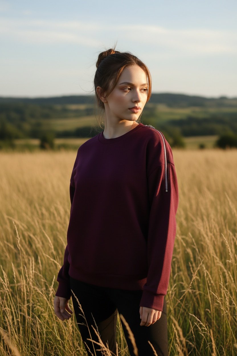 Kadın Omuz Fermuarlı Pamuklu Sweatshirt – Bordo | Şık & Rahat