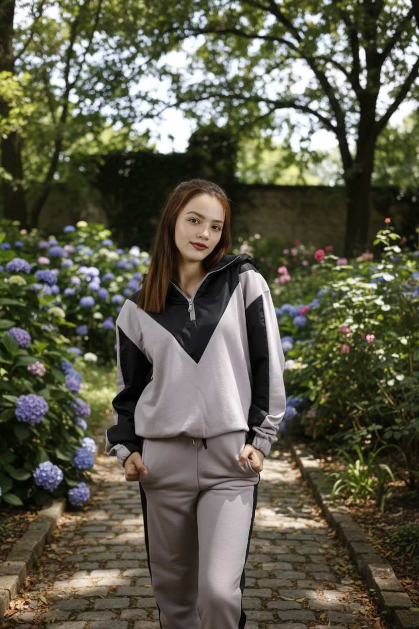 Kadın Şık Garnili Gri - Siyah Eşofman Takımı - Yüksek Kaliteli Kapüşonlu Jogger Seti - Görsel 6