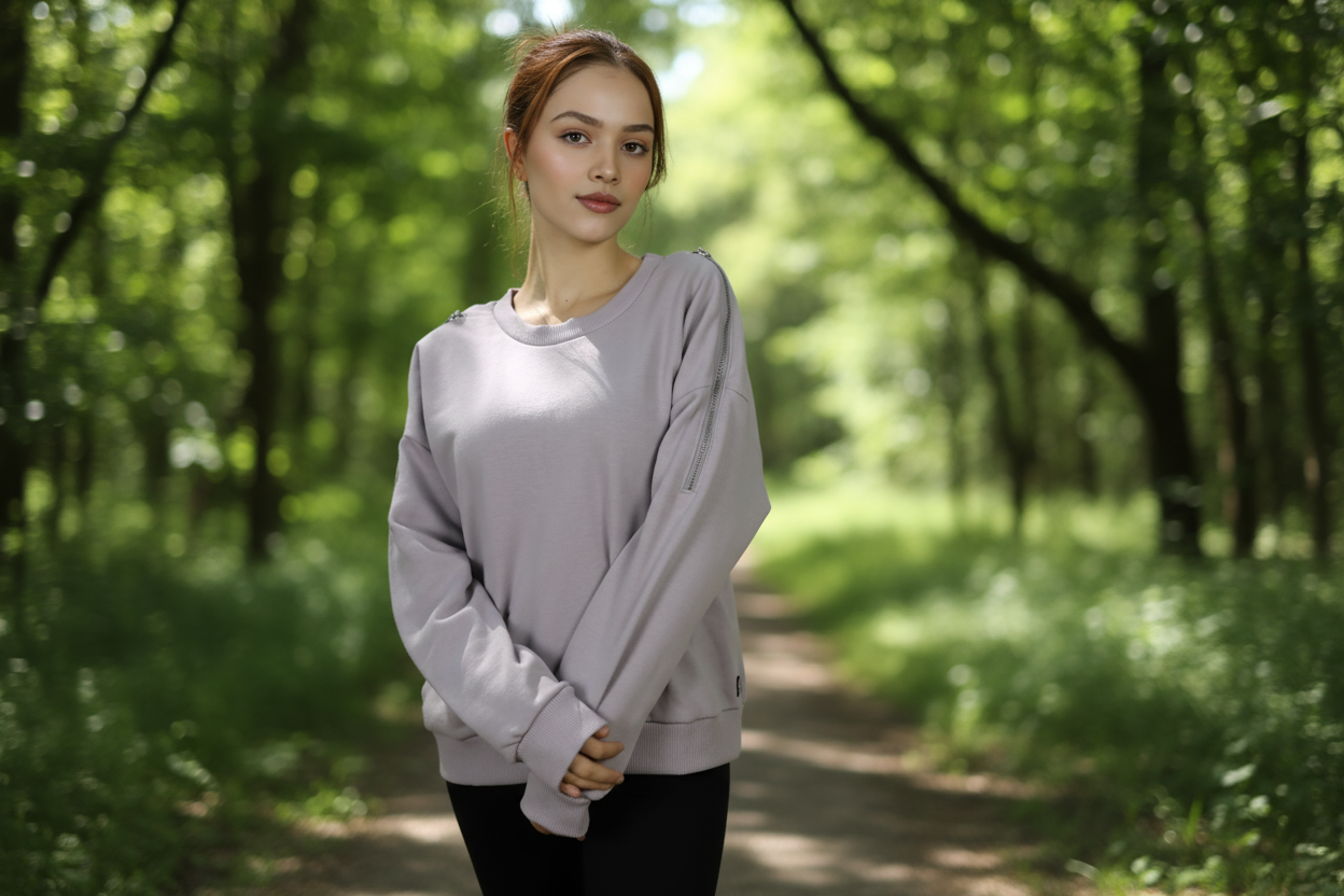 Kadın Omuz Fermuarlı Pamuklu Sweatshirt – Gri | Şık & Rahat - Görsel 10