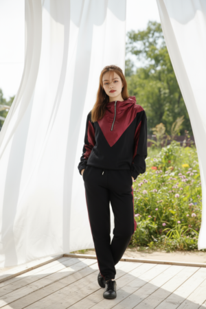 Kadın Şık Garnili Siyah - Bordo Eşofman Takımı - Yüksek Kaliteli Kapüşonlu Jogger Seti