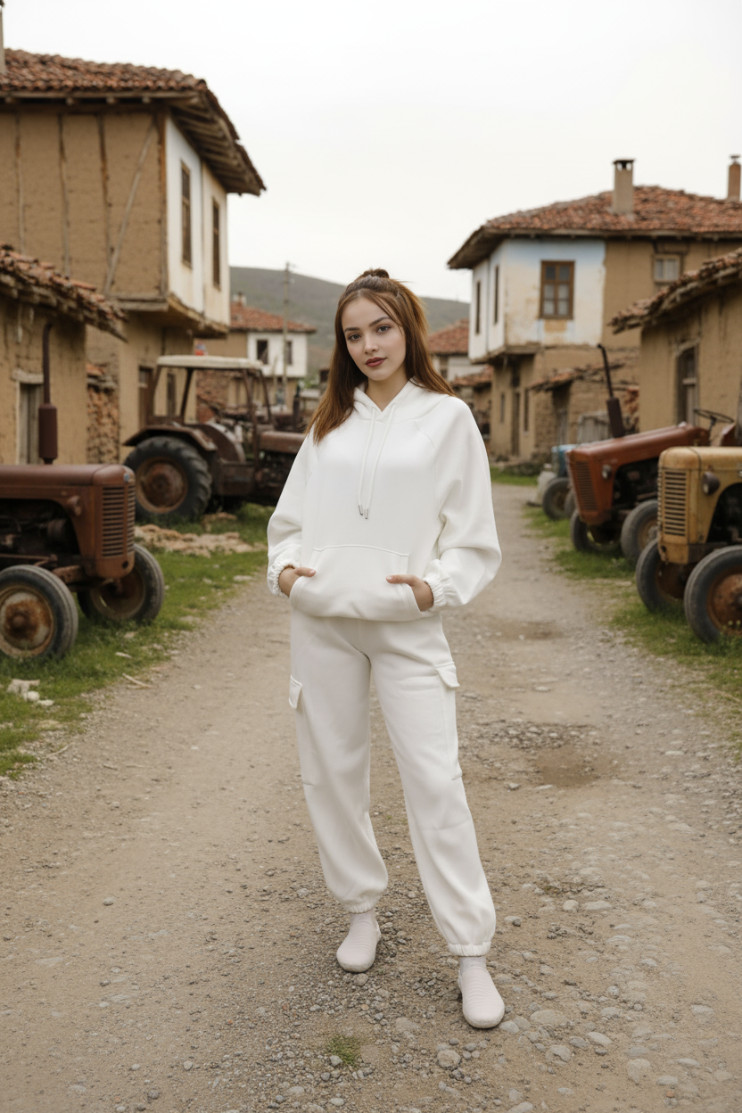 Kadın Oversize Kapüşonlu Eşofman Takımı PREMIUM Kalite | Beyaz Kışlık Jogger Seti - Görsel 3