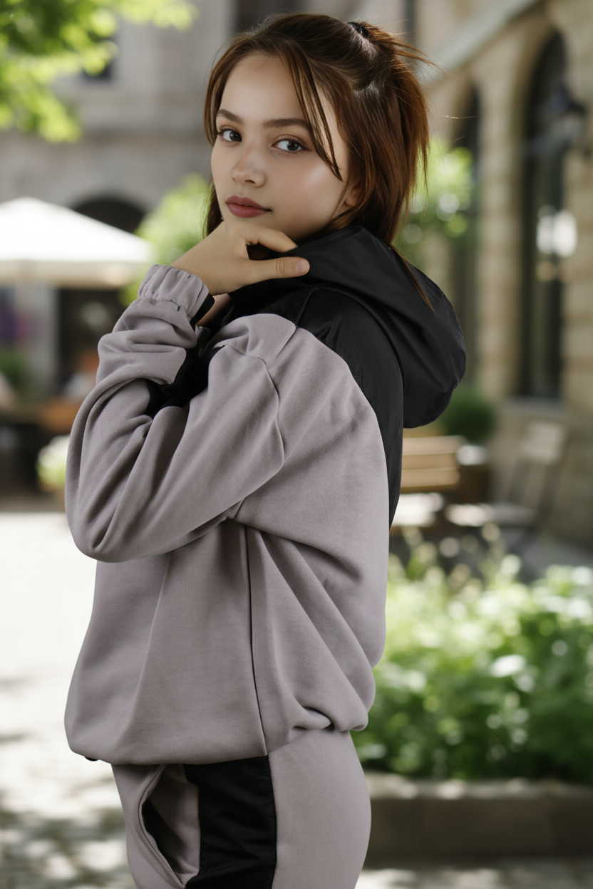 Kadın Şık Garnili Gri - Siyah Eşofman Takımı - Yüksek Kaliteli Kapüşonlu Jogger Seti - Görsel 5