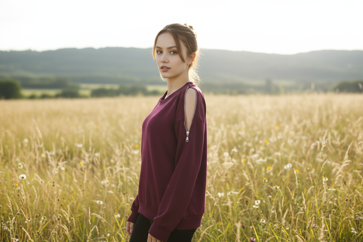 Kadın Omuz Fermuarlı Pamuklu Sweatshirt – Bordo | Şık & Rahat - Görsel 2