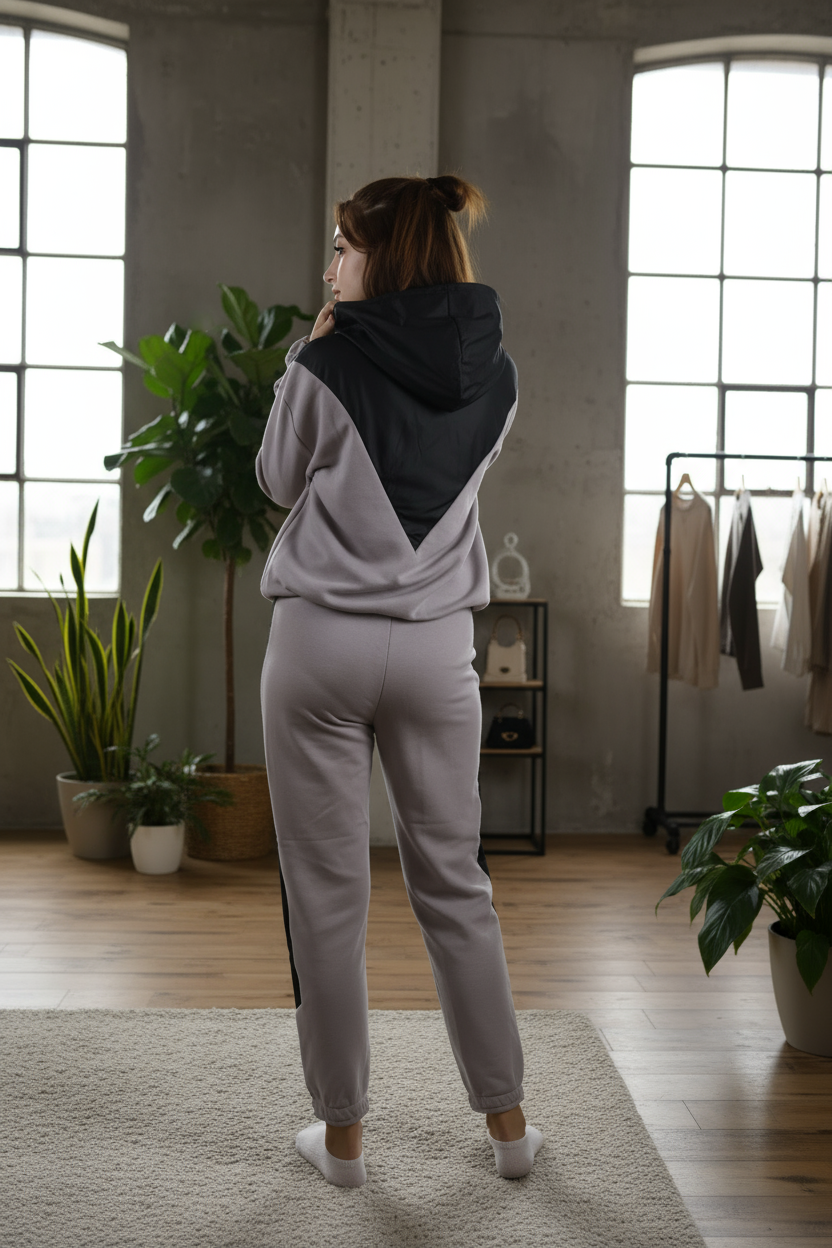 Kadın Şık Garnili Gri - Siyah Eşofman Takımı - Yüksek Kaliteli Kapüşonlu Jogger Seti - Görsel 4