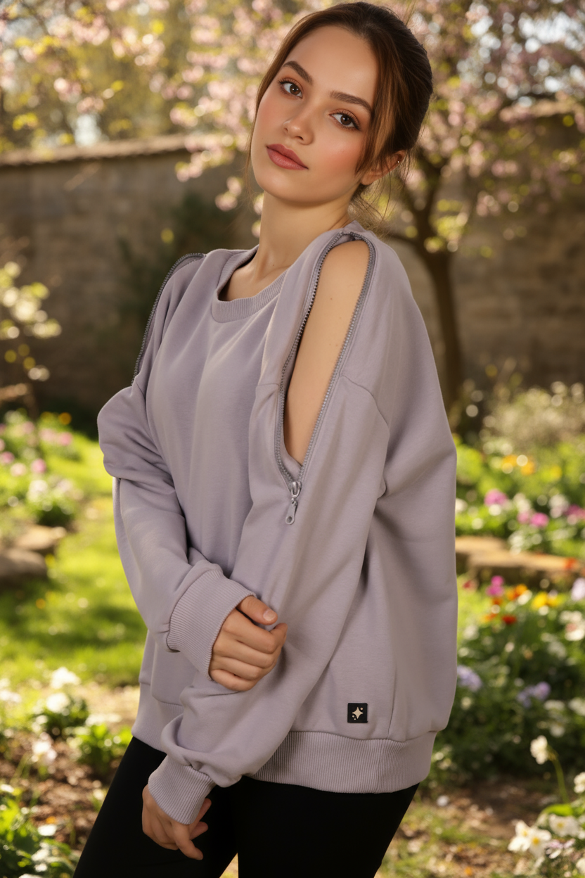 Kadın Omuz Fermuarlı Pamuklu Sweatshirt – Gri | Şık & Rahat - Görsel 6