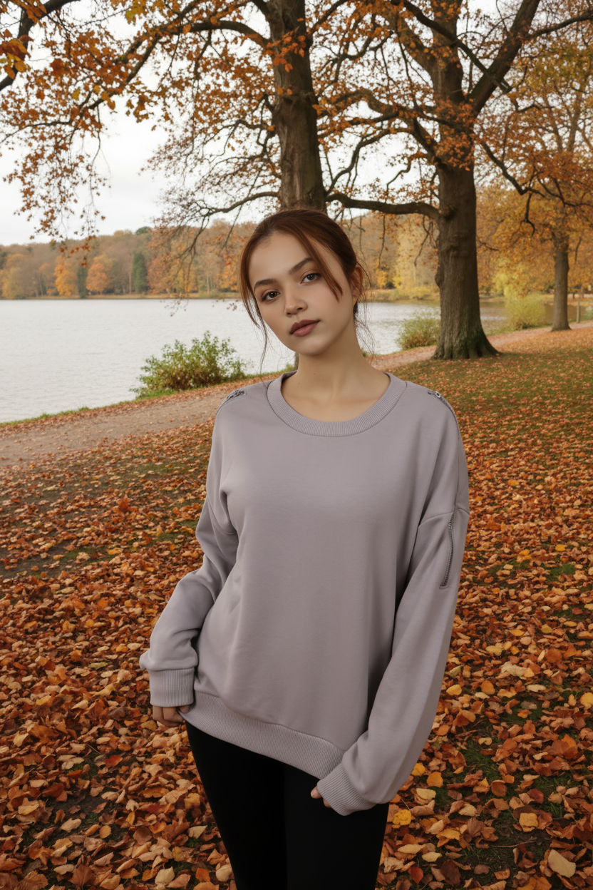 Kadın Omuz Fermuarlı Pamuklu Sweatshirt – Gri | Şık & Rahat - Görsel 7