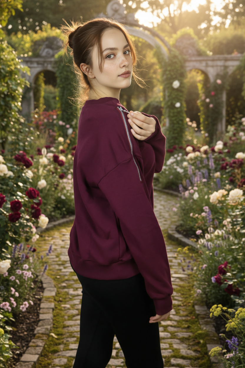 Kadın Omuz Fermuarlı Pamuklu Sweatshirt – Bordo | Şık & Rahat - Görsel 3